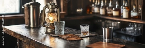 Fototapeta Wooden bar with drinks and a lamp.