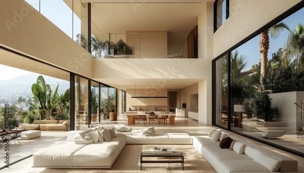 Fototapeta Modern, open-plan living area with panoramic views.