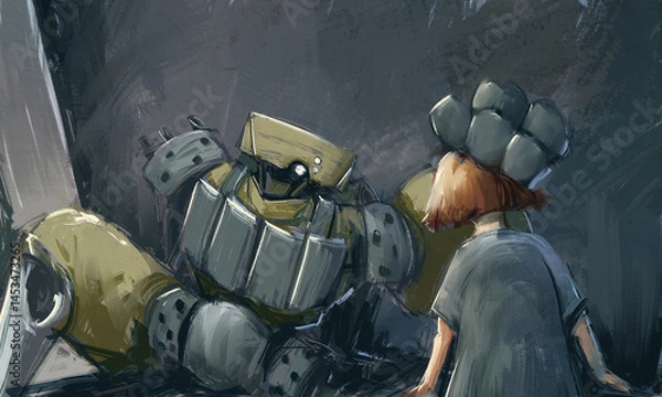 Obraz A heartwarming sci-fi illustration series depicting the bond between a young girl and a guardian robot in a post-apocalyptic world. 