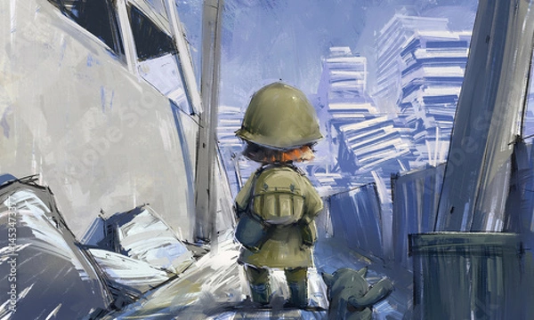 Fototapeta A heartwarming sci-fi illustration series depicting the bond between a young girl and a guardian robot in a post-apocalyptic world. 