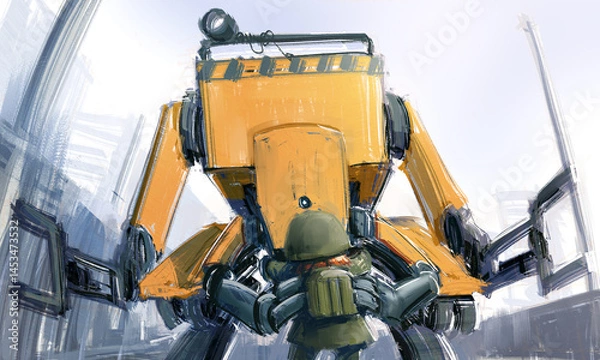 Fototapeta A heartwarming sci-fi illustration series depicting the bond between a young girl and a guardian robot in a post-apocalyptic world. 