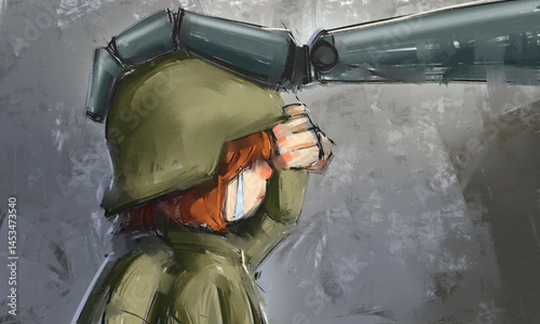 Obraz A heartwarming sci-fi illustration series depicting the bond between a young girl and a guardian robot in a post-apocalyptic world. 