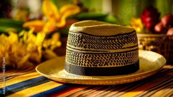 Fototapeta Golden sombrero vueltiao with black patterns on Colombian flag textile, celebrating cultural heritage and national pride.
