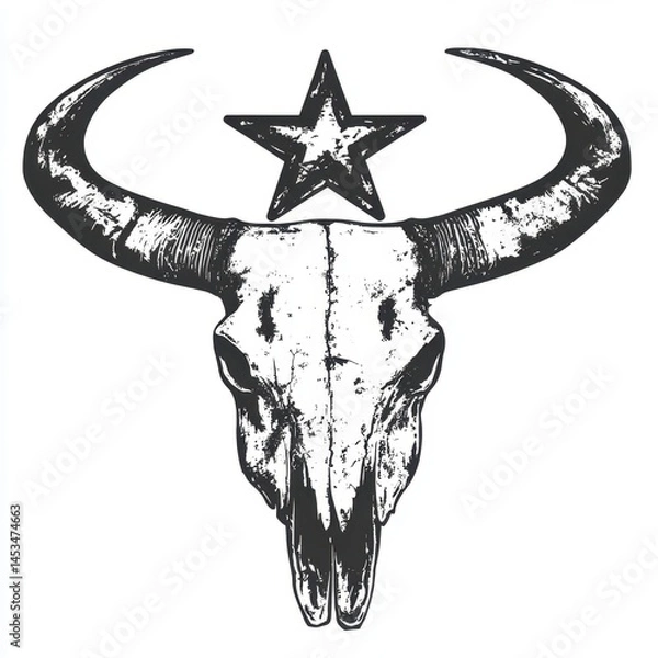 Fototapeta Distressed Bull Skull and Star Illustration in Black and White for Western Art