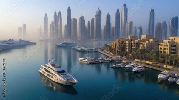Fototapeta Aerial view capturing the mesmerizing cityscape of Dubai, showcasing its modern architecture and luxury yachts