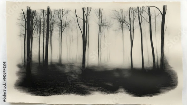 Fototapeta A monochromatic depiction of a forest scene with trees silhouetted against a hazy, light background