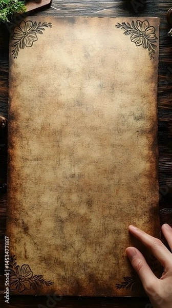 Fototapeta Aged paper sheet with floral corner designs ready for writing or drawing  Distressed texture adds antique charm