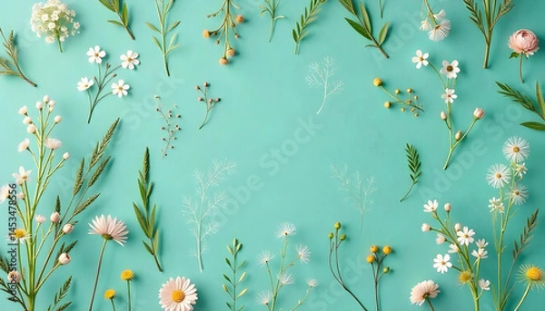 Obraz A cottagecore aesthetic wallpaper with delicate floral patterns, soft green background, and natural textures