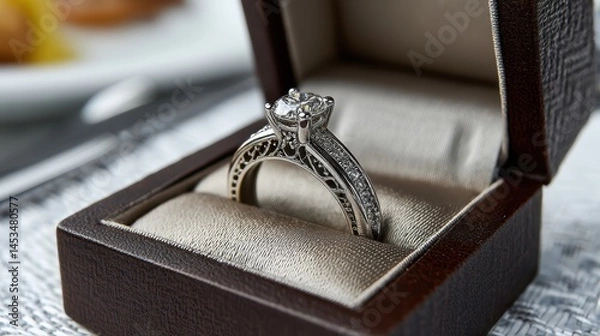 Obraz classy ring presentation in velvet box on white table