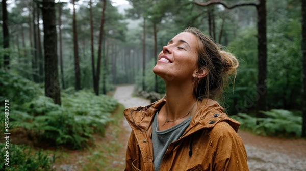 Fototapeta Person enjoying nature, taking deep breath in foggy forest, surrounded by greenery and rain