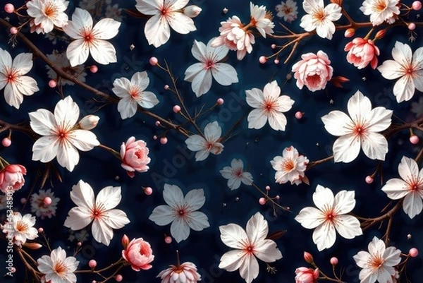 Fototapeta Intricate repeating sakura pattern, white blossoms on dark background, black, blossom pattern