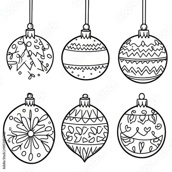 Fototapeta Six hanging Christmas ornaments, winter holiday decorations, white background, design element