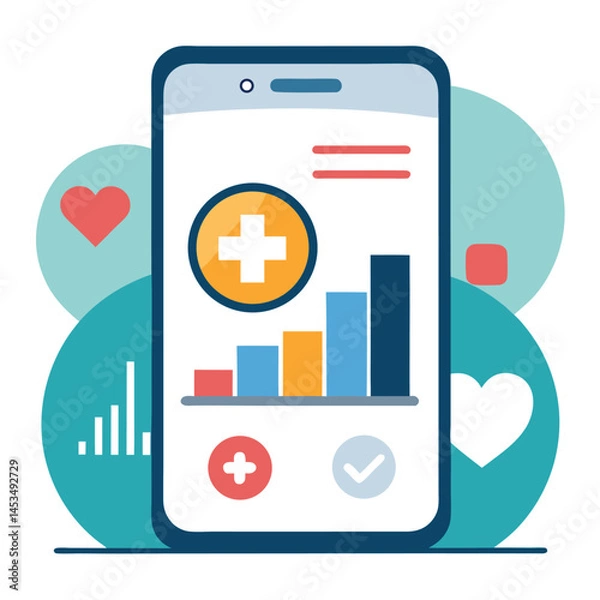 Fototapeta Smartphone displays a chart with plus symbols and hearts with teal background shapes behind it