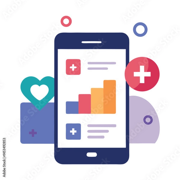 Fototapeta Smartphone displays a rising graph, paired with heart and plus symbols over a white backdrop
