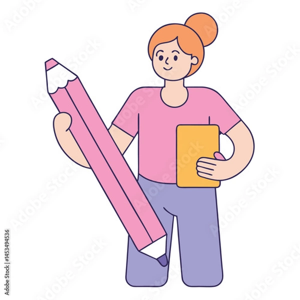 Fototapeta Smiling gingerhaired woman holds a big pink pencil and a yellow notepad on transparent background