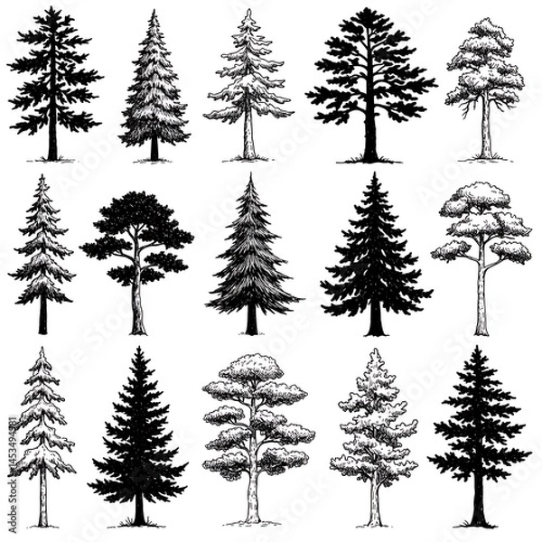 Fototapeta Hand-Drawn Tree Collection: Ink & Pencil Sketches AI Generated
