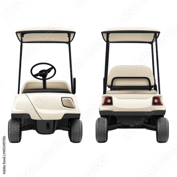 Fototapeta Golf cart front and back view isolated on white background showcasing design and features of the vehicle, golf cart front and back isolated on white background