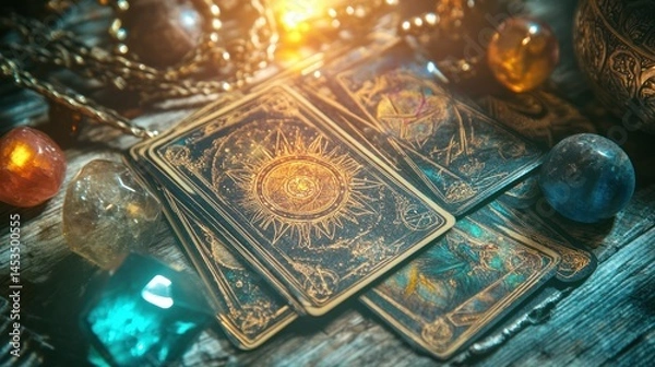 Fototapeta Mystical Tarot Cards and Crystal Spheres: Unveiling Fortunes and Esoteric Realms