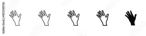 Obraz Set of 5 pixel perfect Hand icon with 1 unexpanded, 1 silhouette, A raised open hand icon symbolizing stop, help, or interaction.