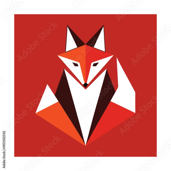 Fototapeta Geometric fox illustration on red background featuring abstract shapes and bold colors in vector format