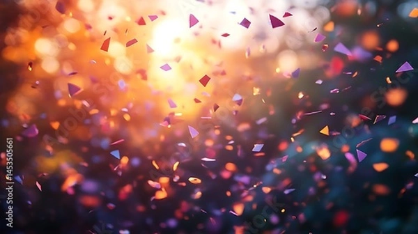 Fototapeta Festive confetti of multiple colors floating in warm sunlight