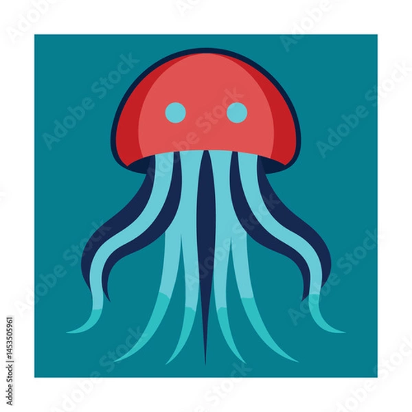 Fototapeta Colorful cartoon illustration of a jellyfish with red cap and blue tentacles