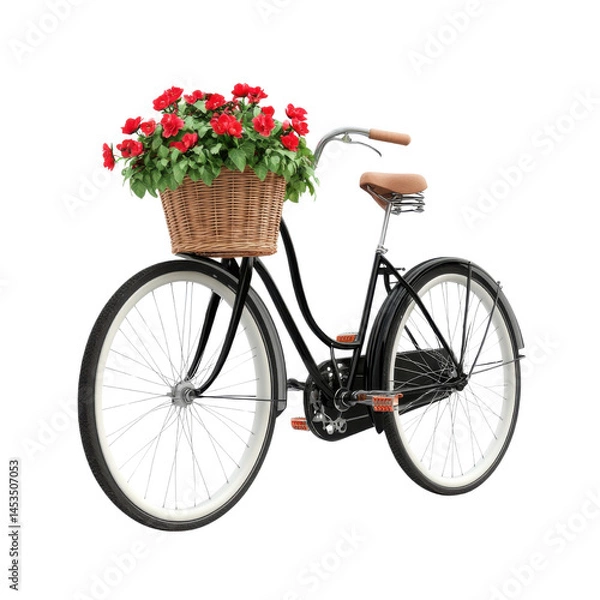 Fototapeta Vintage Bicycle with Floral Gift Basket and Decorative Blooms Isolated for Romantic Spring Themes and Whimsical Design Projects