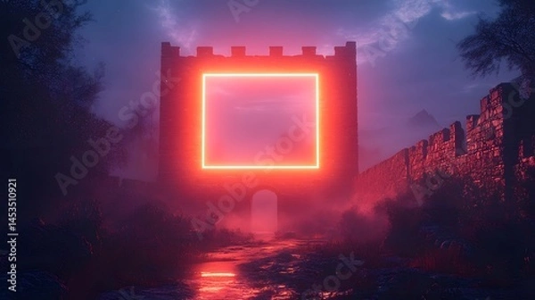 Fototapeta A glowing neon square floating above an ancient