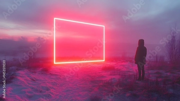 Fototapeta A glowing neon square hovering over a quiet winter