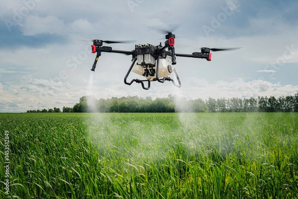 Fototapeta An industrial drone on green field and sprays useful pesticides to increase productivity and destroy harmful insects. increase productivity. Modern technologies in agriculture