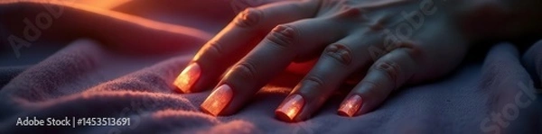 Fototapeta Refined hand, glistening nails on plush fabric at dusk, gentle, macro, comfort