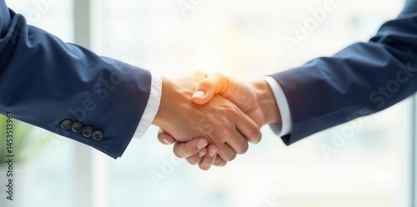 Fototapeta Two hands shaking, contract in between, clean white background , professional, business deal