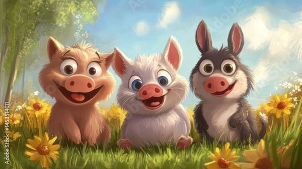 Obraz Three happy piglets in a meadow