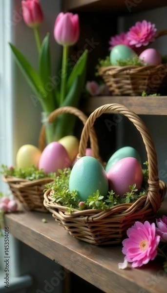 Fototapeta Vibrant Easter eggs in woven baskets nestled amongst blooming spring flowers on rustic wooden shelf , colorful, nature, pastel