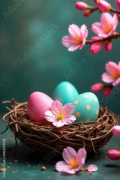 Fototapeta Vibrant painted eggs nestled amongst blooming spring branches , illustration, colorful