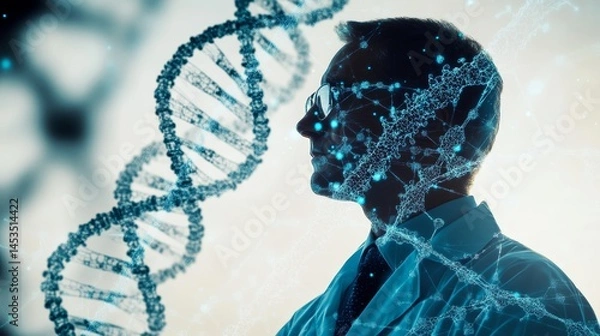 Fototapeta double exposure image featuring the silhouette of a doctor in a lab coat overlaid with a detailed DNA helix structure, blending the human element with genetic science 