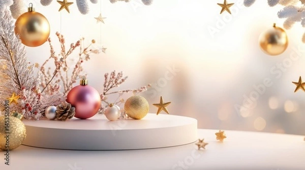 Fototapeta Modern 3D podium surrounded by golden holiday ornaments and glowing star decorations, set against a soft, wintry background