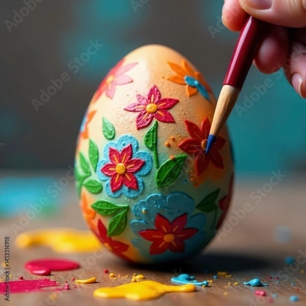 Fototapeta Close-up view of an egg being decorated with paintbrushes and bright colors , celebration, springtime