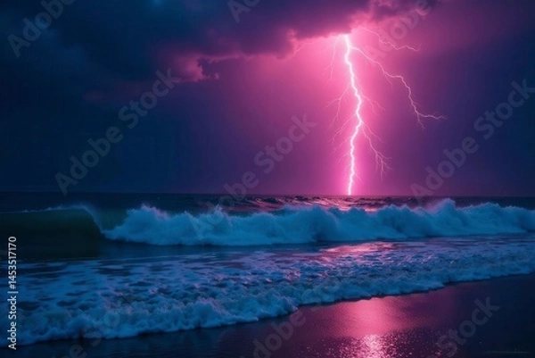 Fototapeta Fierce lightning illuminates churning waves, dark sky , seafoam, grey, force