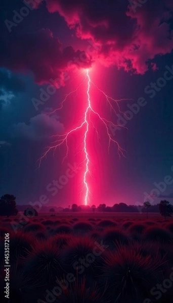 Fototapeta Fiery red lightning streak, vast landscape illuminated , intense, weather