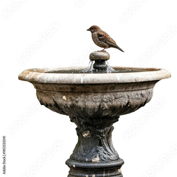 Fototapeta Bird perched on top of a fountain while water gently flows in a serene outdoor setting, fountain with water and a bird perched on top, white background