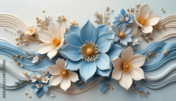 Obraz Elegant 3D floral background with pastel blue and beige paper-cut flowers, golden details, and flowing wave elements. Ideal for wedding invitations, luxury branding, beauty product packaging, or digit