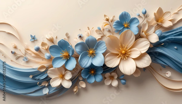 Obraz Elegant 3D floral background with pastel blue and beige paper-cut flowers, golden details, and flowing wave elements. Ideal for wedding invitations, luxury branding, beauty product packaging, or digit