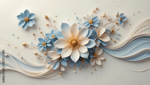 Obraz Elegant 3D floral background with pastel blue and beige paper-cut flowers, golden details, and flowing wave elements. Ideal for wedding invitations, luxury branding, beauty product packaging, or digit