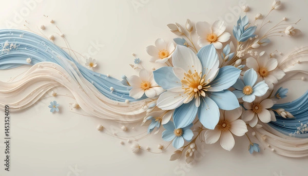 Fototapeta Elegant 3D floral background with pastel blue and beige paper-cut flowers, golden details, and flowing wave elements. Ideal for wedding invitations, luxury branding, beauty product packaging, or digit