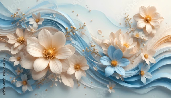 Fototapeta Elegant 3D floral background with pastel blue and beige paper-cut flowers, golden details, and flowing wave elements. Ideal for wedding invitations, luxury branding, beauty product packaging, or digit