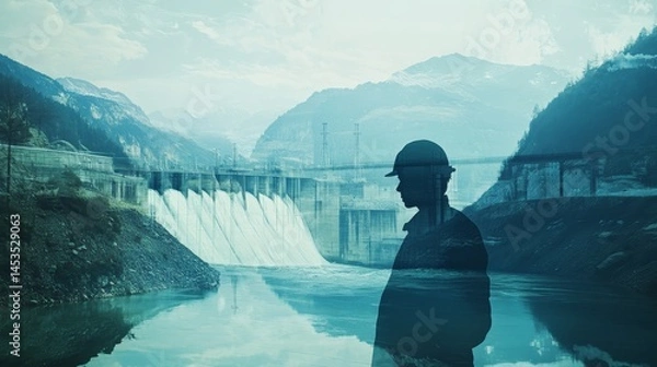 Fototapeta worker at a hydroelectric dam overlaid with a flowing river surrounded by mountains, representing renewable energy and natural power