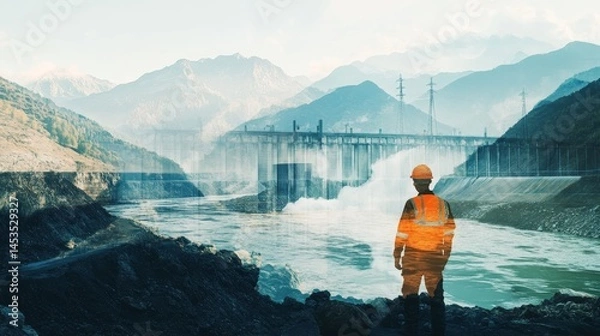 Fototapeta worker at a hydroelectric dam overlaid with a flowing river surrounded by mountains, representing renewable energy and natural power