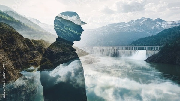 Fototapeta worker at a hydroelectric dam overlaid with a flowing river surrounded by mountains, representing renewable energy and natural power