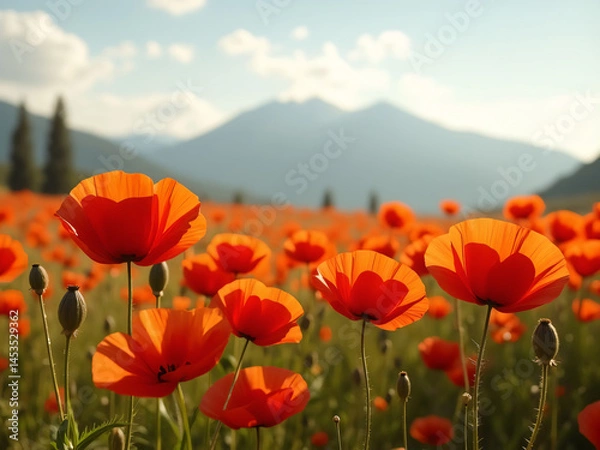 Obraz Beautiful poppy flowers in a field with mountains